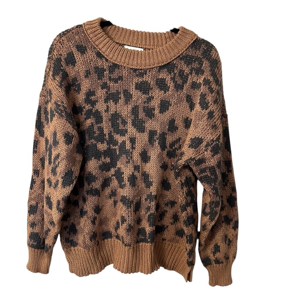 Aerie Women’s Long Sleeve Knit Tan & Black Cheetah Crewneck Sweater Sz S GUC